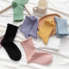 

korean style frilly ruffle Solid color lolita socks calcetines mujer women chaussette femme socken japanese fashion long sock