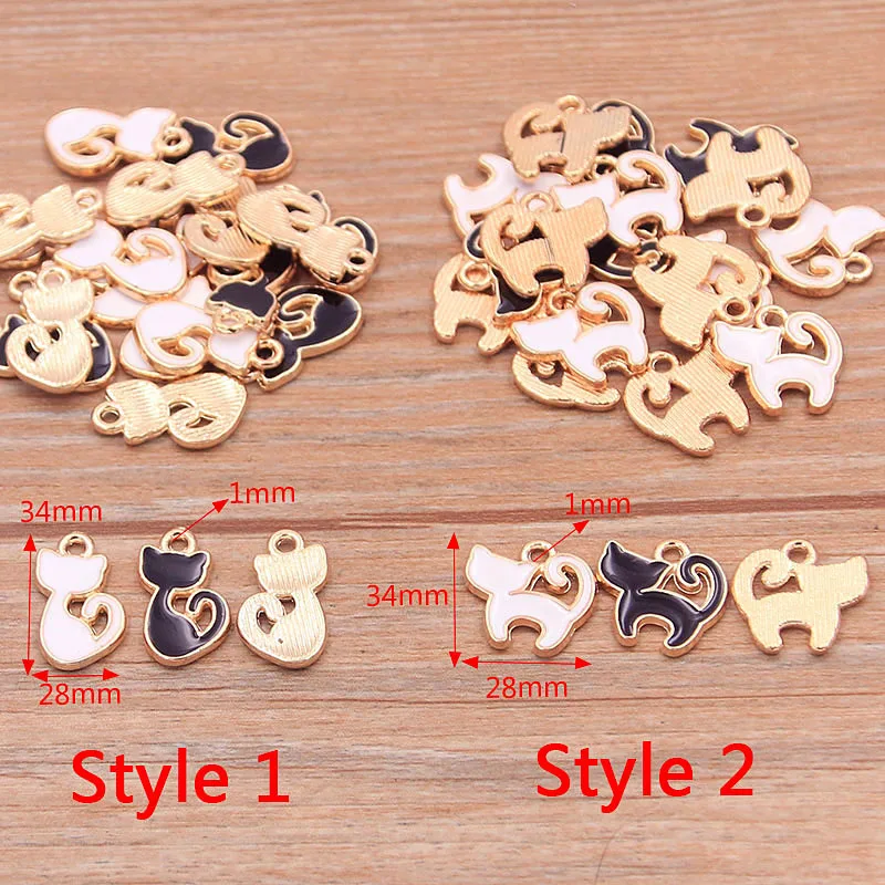 30Pcs 2 Style Alloy Metal KC Gold Drop Oil  White Black Small Cat Charms Animal Pendant For DIY Bracelet Necklace Jewelry Making