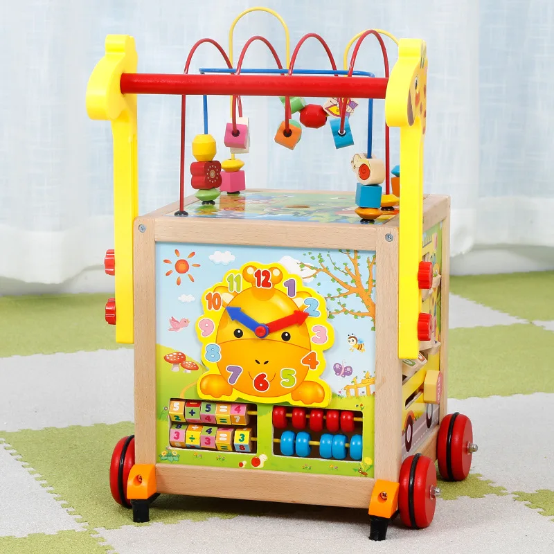 

Infants Early Education Wooden Children's Baby Walker Baby Educational around the Bead Cart Anti-Falling Multi-functional Toy