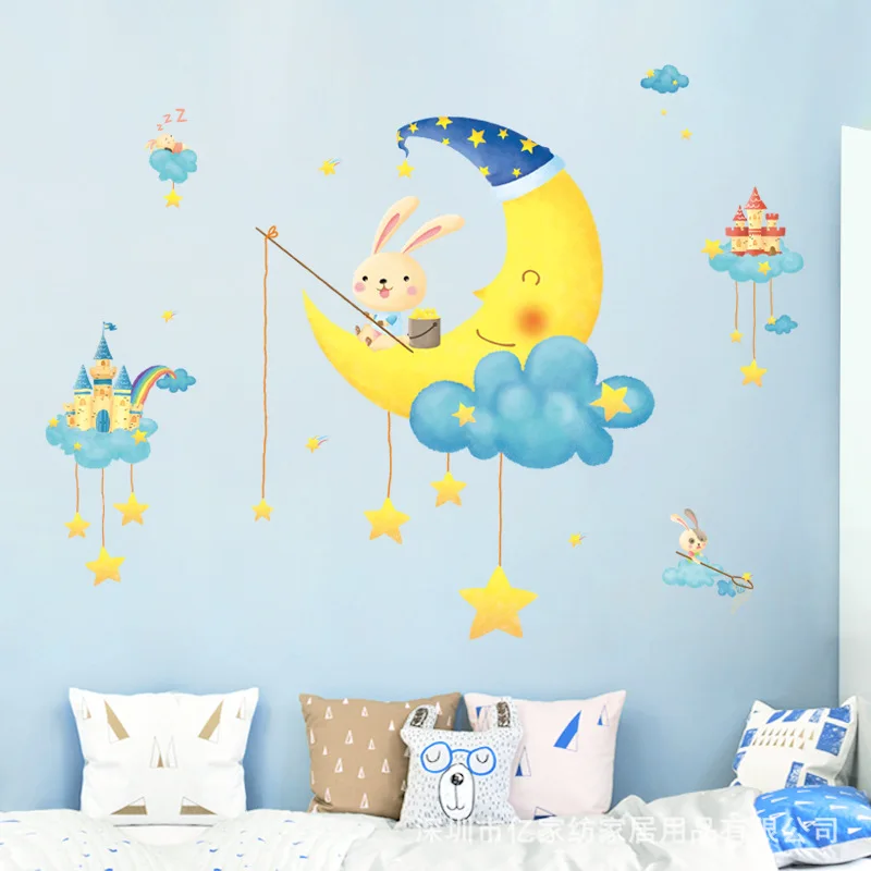 Детская комната мультфильм наклейки на стену гостиная спальня прикроватные украшения настенные наклейки луна кролик наклейки-звезды для детей
