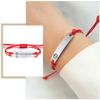

Personalize Engrave Medical Alert ID Bracelets for Women Anti-Allergy Stainless Steel Bar with Adjustable Length Rope Chain