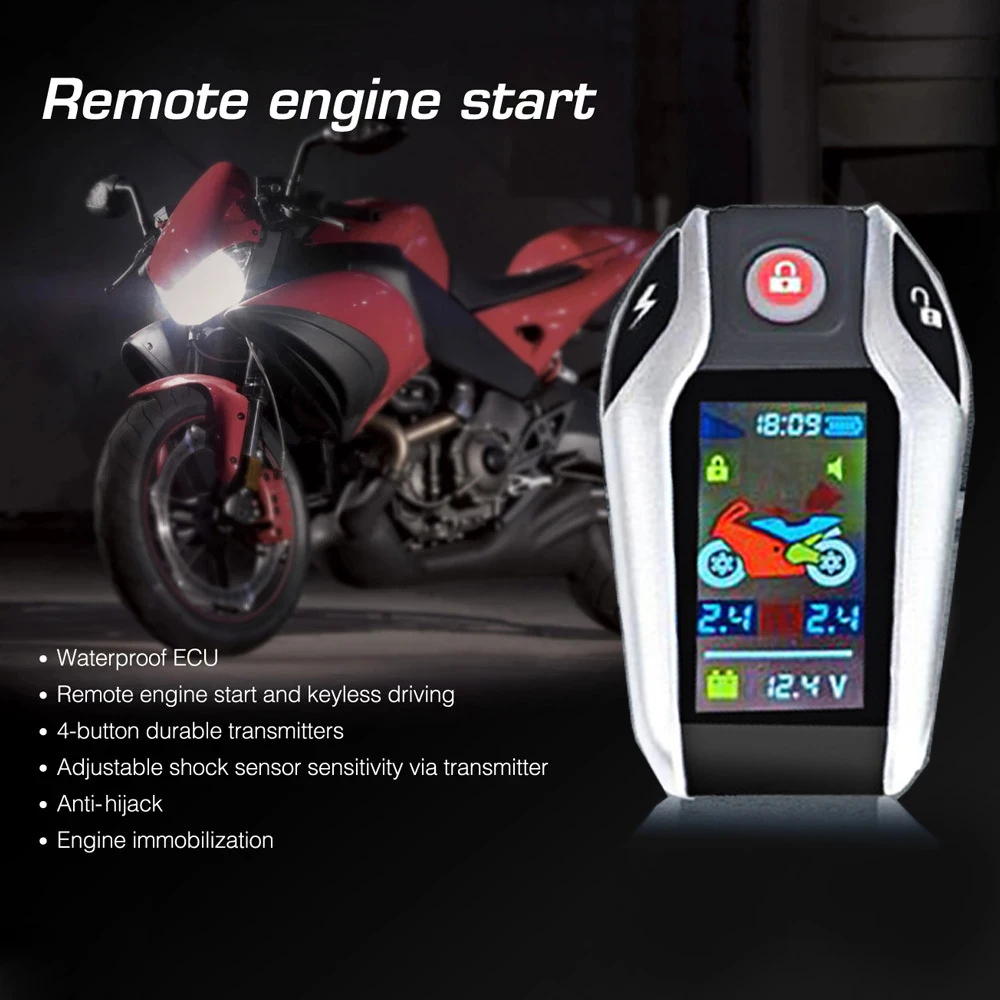 

Motorcycle Alarm LCD Display Two-way Keyless Autostart PKE Unlock Automatic Vibration Motorbike Siren Universal Remote Start