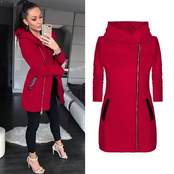 

Women's autumn and winter solid color hoodie side zipper plus velvet jacket long jacket casual sweatshirt