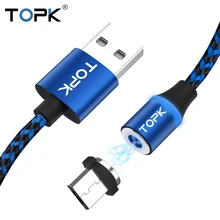 TOPK AM33 Micro USB Магнитный кабель с нейлоновой оплеткой кабели для мобильных телефонов для Micro USB порта Microusb светодиодный магнитный кабель для зарядки