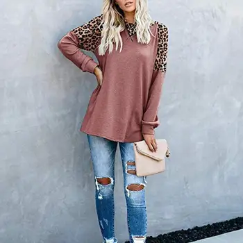 

Fashion Women Leopard Patchwork Long Sleeve O Neck Loose Shirt Blouse Tunic Top