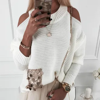 

White Women Sweater Autumn Winter Off Shoulder Long Sleeve Jumper New Loose Sequin Knitted Pullover Sweaters Tops Thick G1014
