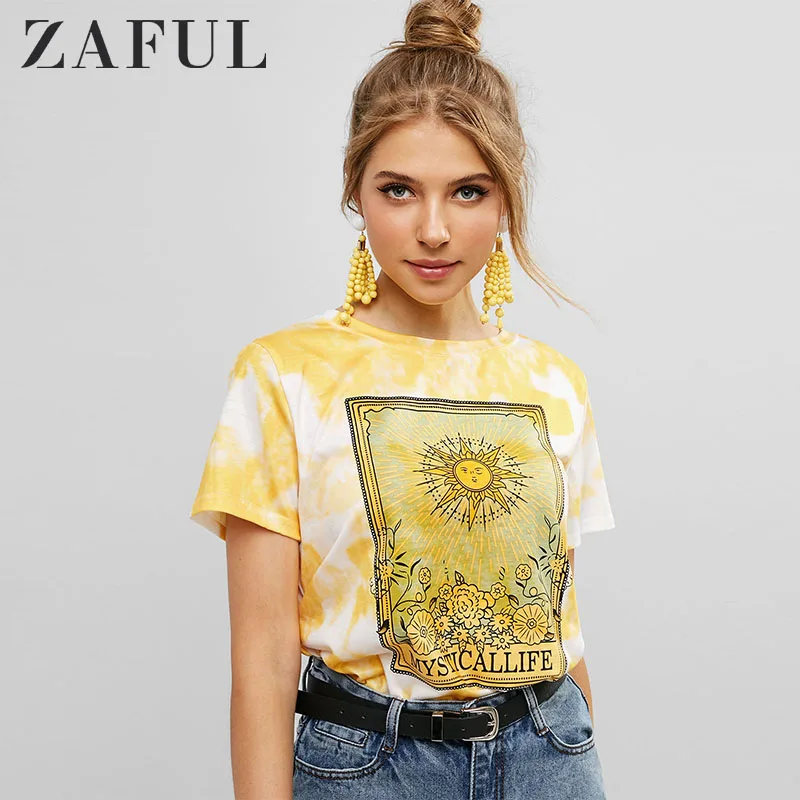 Женская футболка с цветочным принтом ZAFUL Tie Dye винтажная хлопковая коротким