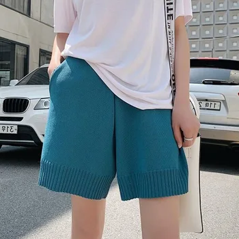 

Women Knit Shorts High Waist Summer Straight Cut Wide Waistband Loose S55