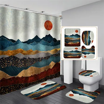 

3D Waterfall Landscape Polyester Fabric Shower Curtain High Mountain Water Bathroom Curtains Anti-skid Rugs Toilet Lid Cover Mat