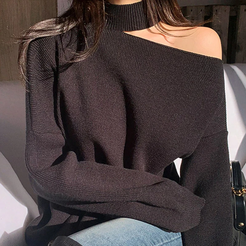 Alien Kitty Halter Bare Shoulders Knitted Office Ladies Winter Autumn Loose Irregular Casual Elegant High Street Sweaters Tops | Женская