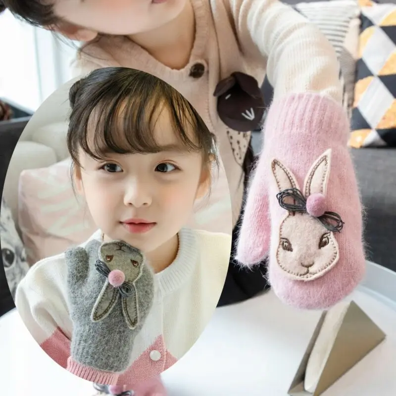 Перчатки для девочек с мультяшным кроликом; зимние детские плотные теплые вязаные перчатки для девочек; Милые Шерстяные варежки из кроличьей шерсти с длинными пальцами