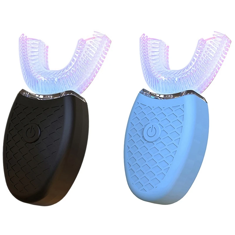 2 Pcs 360 Degrees U Type Automatic Electric Toothbrush Whiten Teeth Silicone Brush Head, Blue & Black 2 Pcs 360 Degrees U Type Automatic Electric Toothbrush Whiten Teeth Silicone Brush Head, Blue & Black
