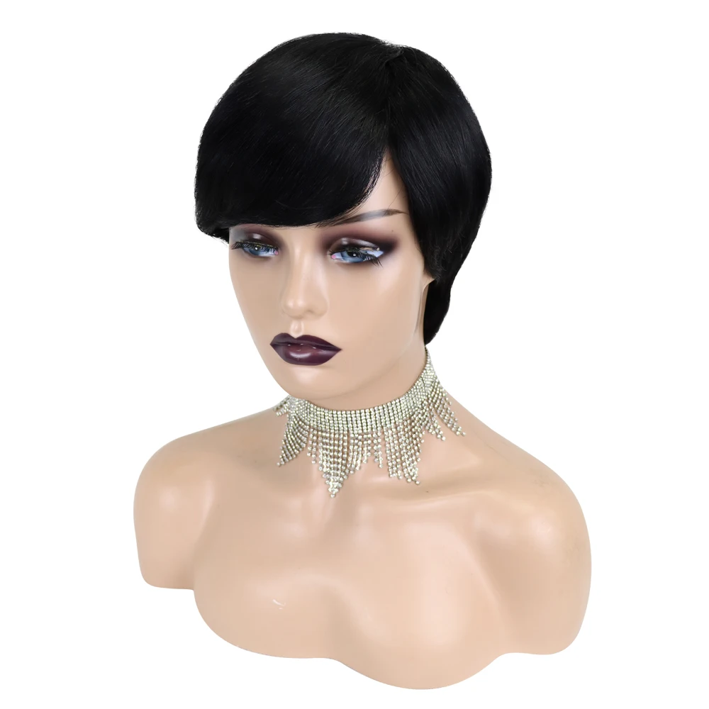 Perucas de Cabelo Brasileiro para Preto Humano Curto Pixie Corte Reto Remy Cabelo Feminino Máquina Feita Barato Glueless Peruca 79 High Quality Apliques e perucas