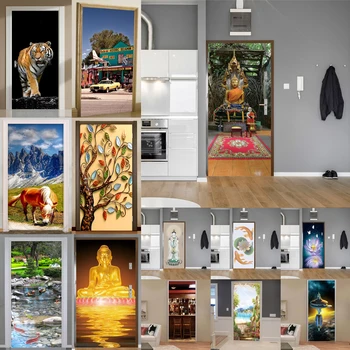 

3D Renew Door Stickers Buddha Tiger Landscape PVC Mural Paper Print Art Home Decor Picture Self Adhesive Waterproof Wallpaper