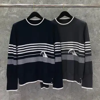 

2020 Fashion TB THOM Brand Sweaters Men Slim O-Neck Pullovers Clothing Patchwork Wool Swimmer pattern Striped Winter Casual Coat