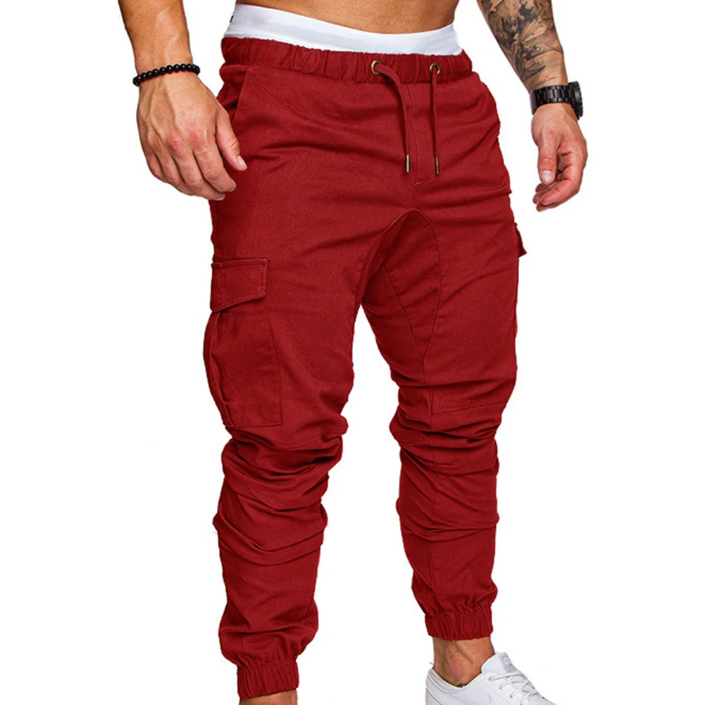 Plus Size Fashion Men Solid Color Multi Drawstring Ankle Tie Ripped Harajuku Sweatpants Cargo Pencil Long Pants Trousers