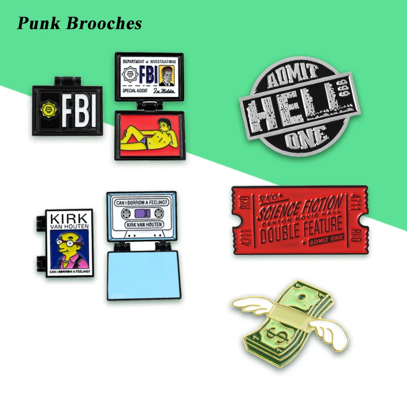

Punk Cool Brooches Collection Movie Banknotes Flight Notes Tape Simpson FBI Certificate Kirk Detective Hippie Jeans Badge Gift