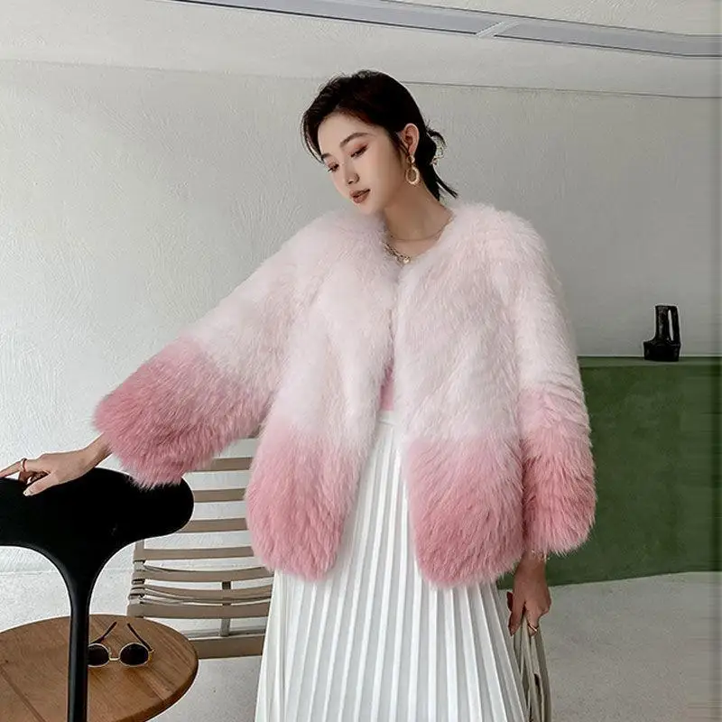 New Women Warm Elegant Faux Fox Fur Coat Korean Fashion Winter Fluffy Faux Fur Jacket Outerwear Coat