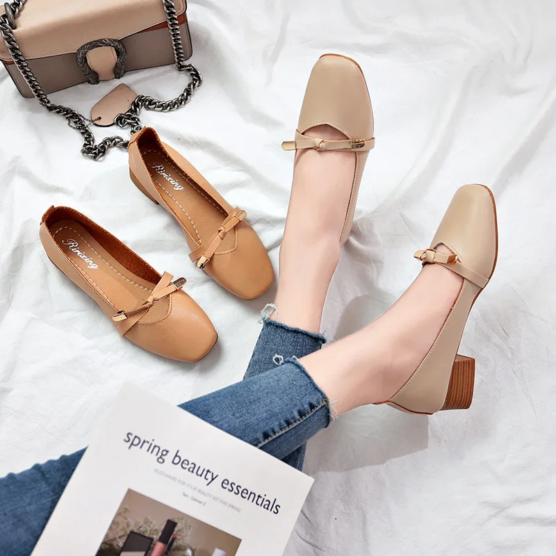 

2018 Autumn New Style Chunky-Heel Grandma Shoes Semi-high Heeled Retro Mary Jane Bow Moccosins Square Head Versatile Shoes Women
