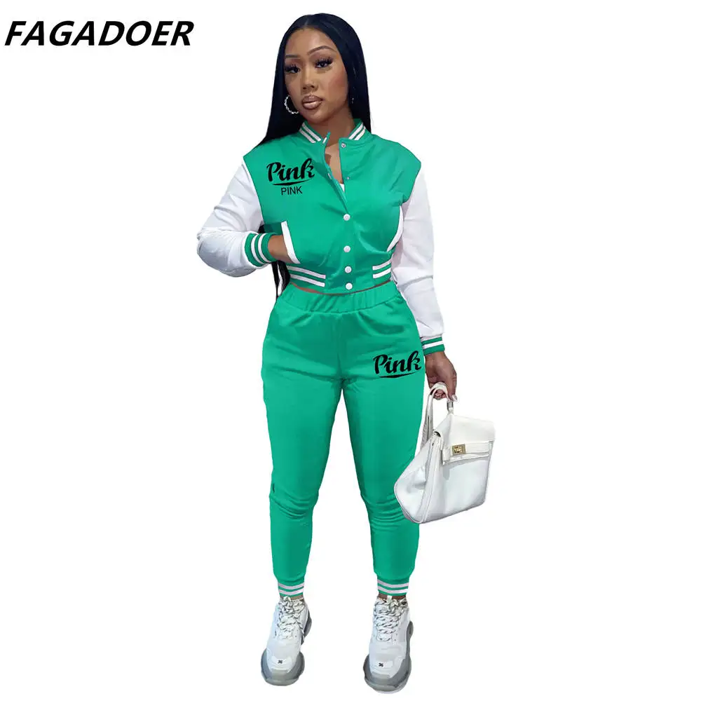 FAGADOER Autumn Winter Baseball Uniform New Women Button Letter Print Coat And Pants Tracksuits Casual 2pcs Outfits Streetwear women's sweat suits sets Suits & Blazers