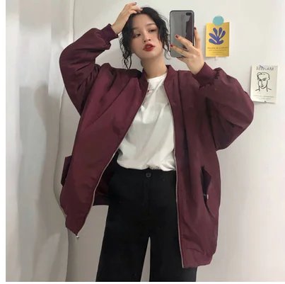 Burgundy Neploe корейский стиль Harajuku бейсбольная форма Abrigo Mujer свободное студенческое осеннее пальто на молнии однотонная джинсовая куртка 46064 - Цвет: Burgundy