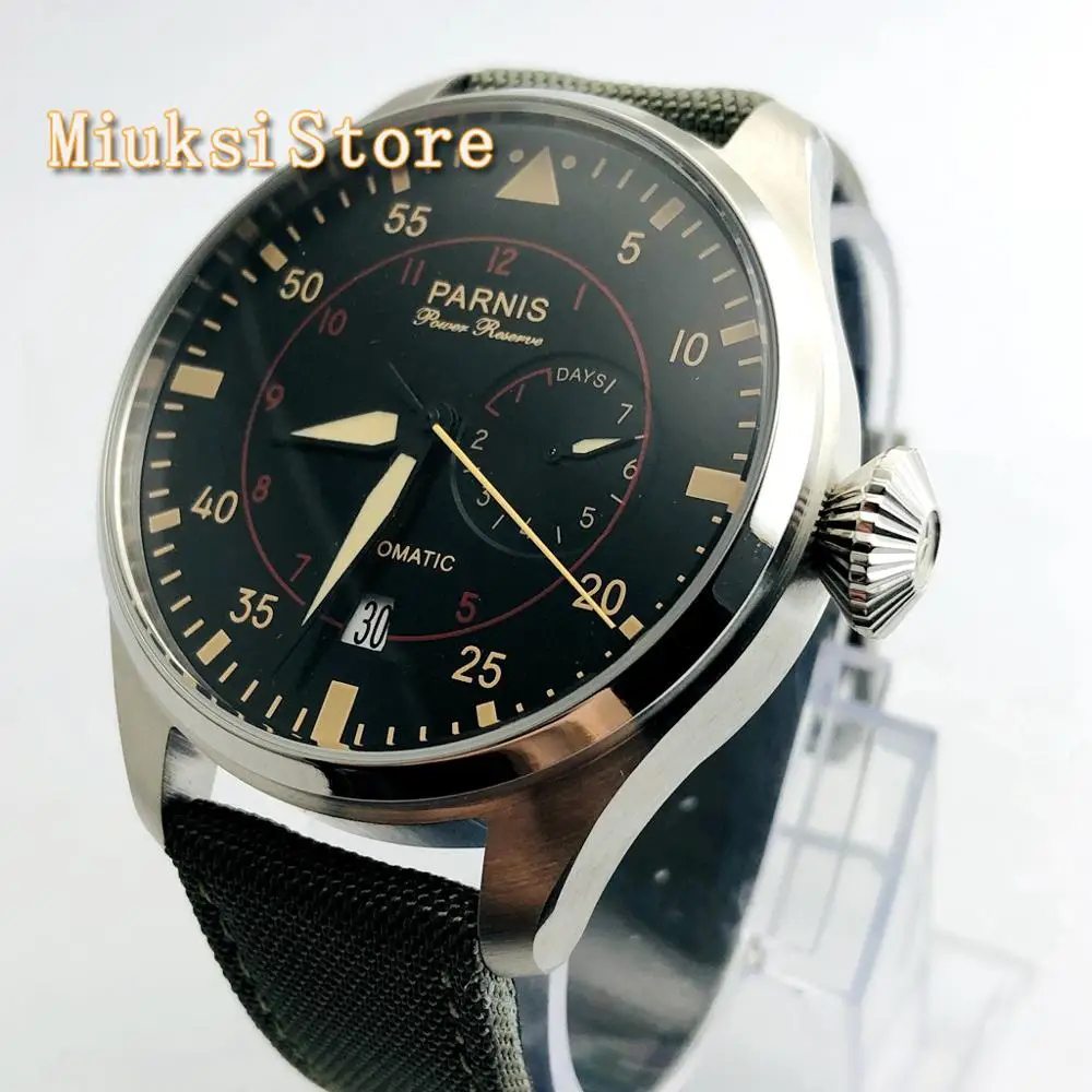 

Parnis military watch 47mm power reserve luminous hands Automatic movement men's top mechanical watch