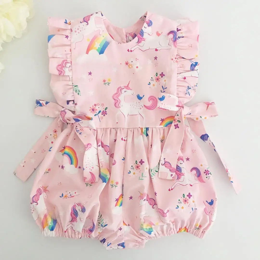 

2020 Sweet 0-24M Newborn Infant Baby Girl Cartoon Unicorn Print Playsuit Summer Pink Sleeveless Bow Jumpsuit One Piece