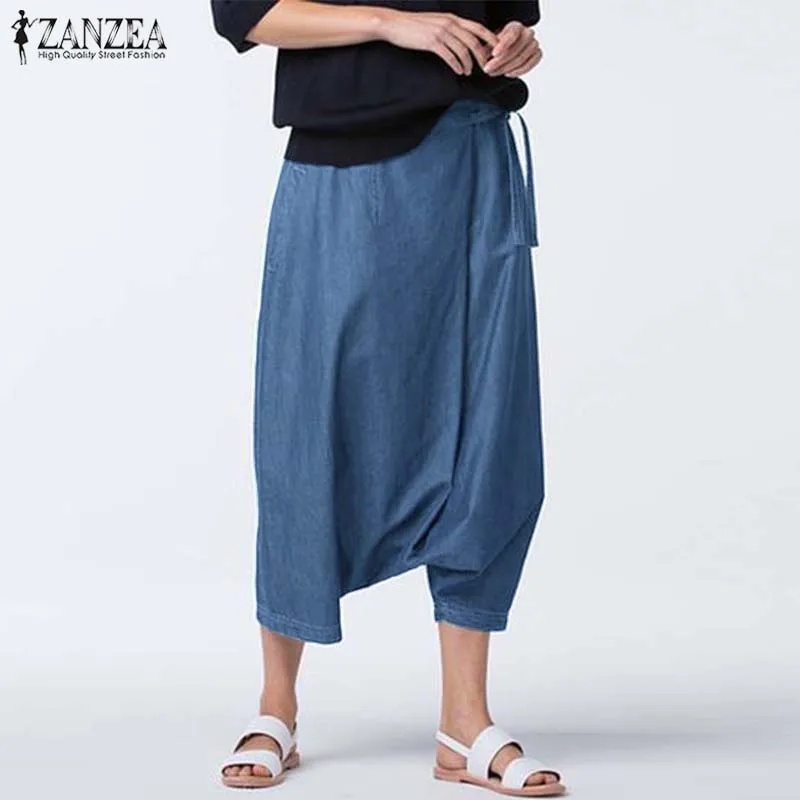 ZANZEA, Женские повседневные шаровары размера плюс, лето, осень, с заниженным шаговым швом, джинсовые синие штаны, винтажные, на шнуровке, панталоны, штаны в стиле хип-хоп