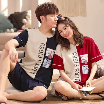 

Foply Couple Pajamas Sets 100% Cotton Spring and Summer Short Sleeved Andshorts for Couples Multi Colors for Choice Home Pj Set