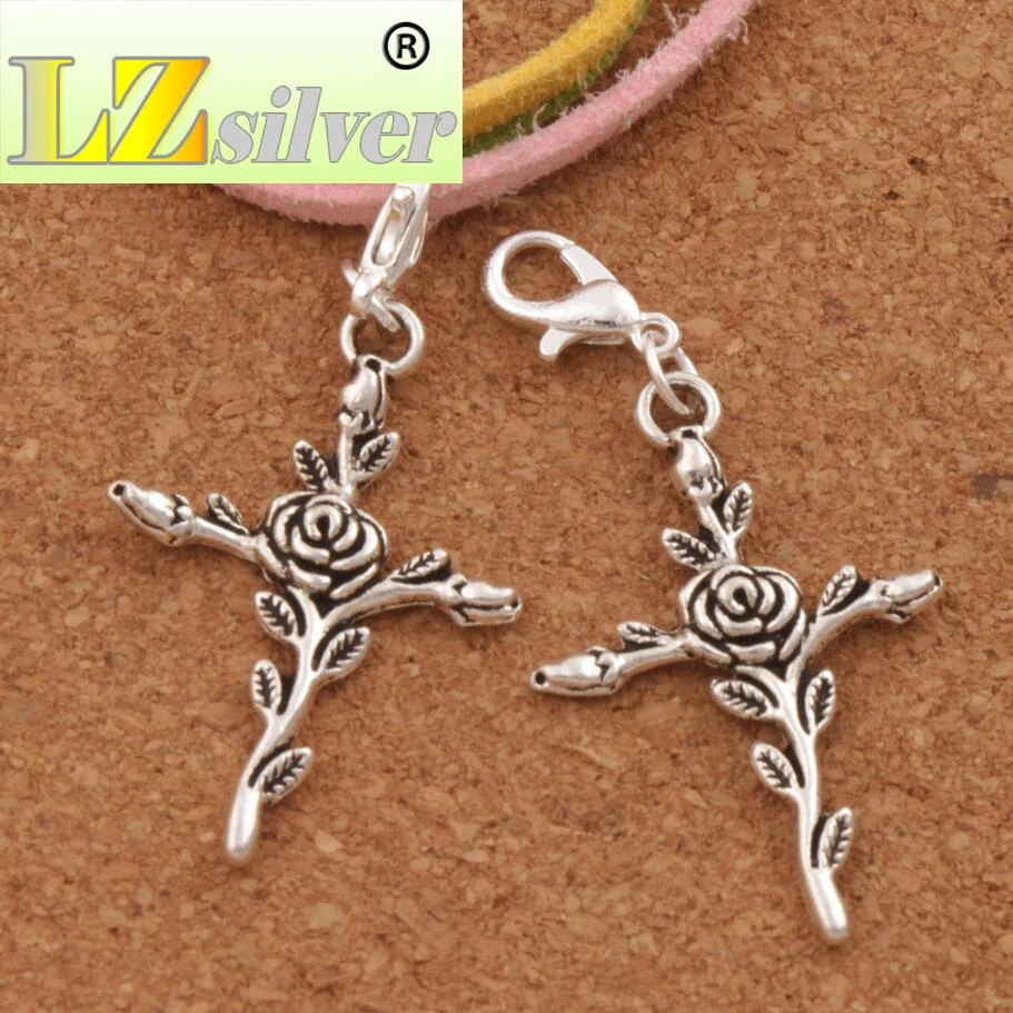 80pcs Zinc Alloy Vintage Rose Flower Cross Clasp European Lobster Trigger Clip On Charm Beads C440 23.7x48.5mm