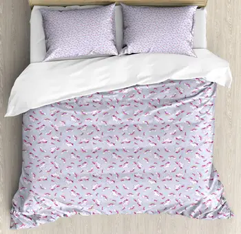 

Unicorn Party Duvet Cover Set Nursery Pattern of Magic Horse Rainbow Clouds and Stars Decorative 3 Piece Bedding Set with 2