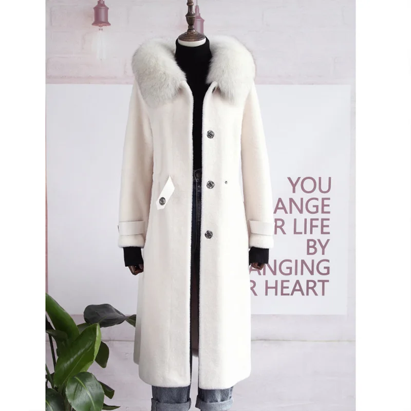 

2109 Real Coat Winter Fox Collar Long Wool Fur Jacket Korean Vintage Clothes Coats and Jackets Women 5288