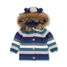 Полосатый свитер для маленьких мальчиков и девочек, вязаные топы с капюшоном, детское зимнее теплое пальто, модная одежда с новым брендом