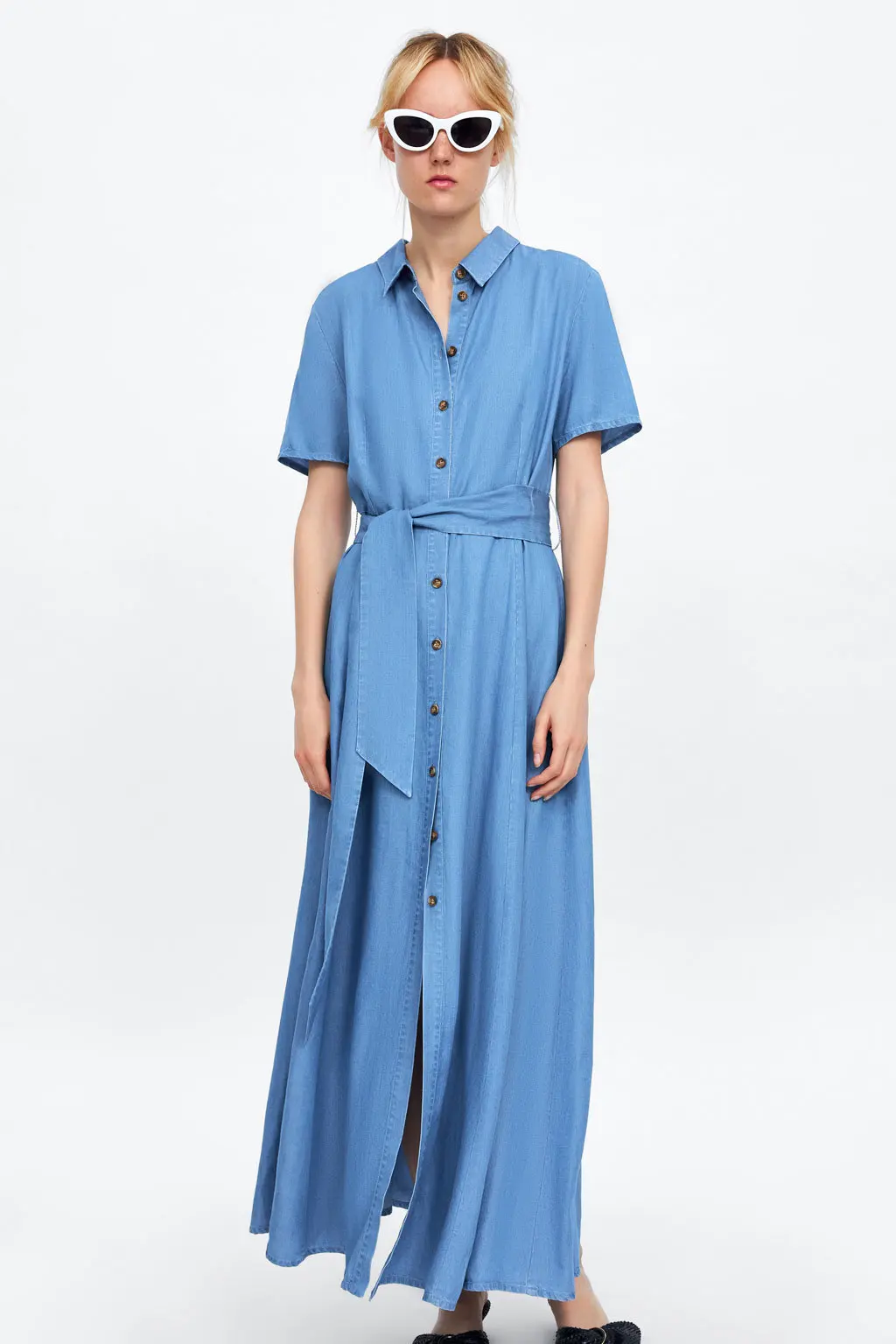 

Europe And America WOMEN'S Dress Retro Blue of Belt Tencel Shirt-Style Computer Cable Lock Single Breasted Elegant Thin Long Ski