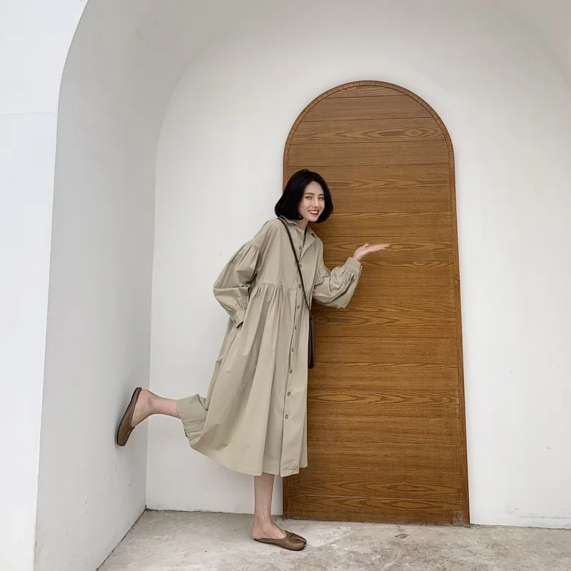 

2019 Spring And Summer New Style Korean-style Dress Women's Korean-style Slimming Solid Color Long-sleeved Shirt Long Skirts
