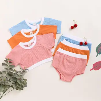 

Summer Toddler Baby Girl Clothes Solid Color Short Sleeve Crop Tops Short Pants 2Pcs Outfits Cotton Baby Girl Summer Clothes