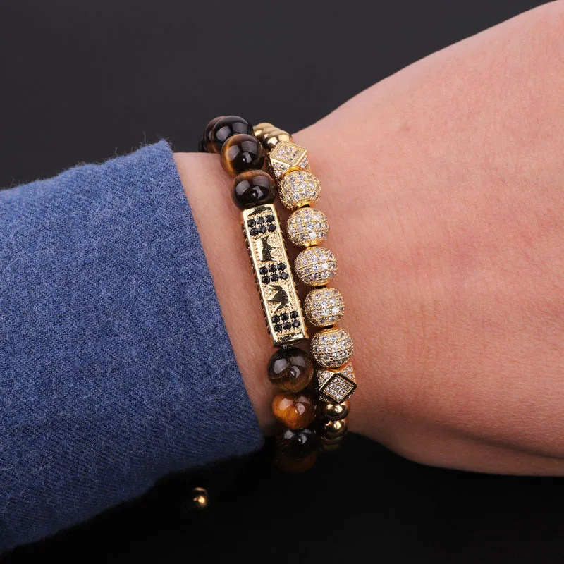 High Quality New Luxury CZ Micro Pave Ball Crown Charms Tiger Eyes Stone Beaded Adjustable Bracelet Men Women - Image 6