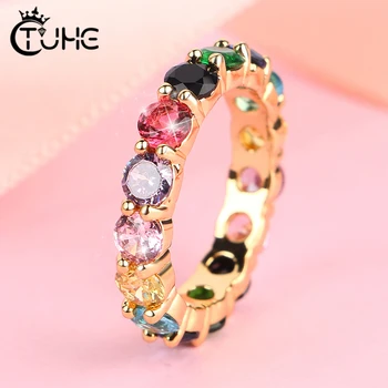 

3mm Width Thin Baguette Rainbow CZ Gold Ring For Women Fashion Engagement Wedding Band Charm Jewelry Christmas Gift