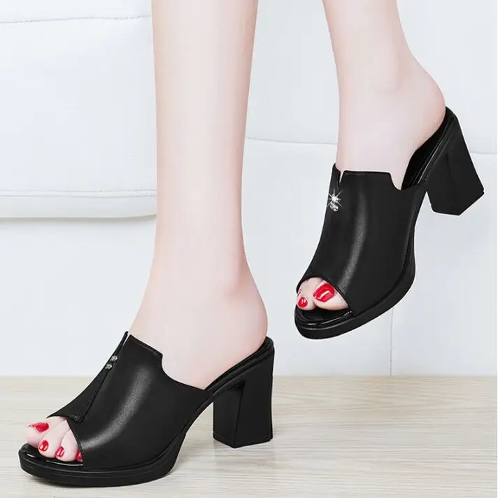 

Slipper Women's Summer 2019 New Style Fashion Outer Wear Chunky-Heel Semi-high Heeled Versatile Fish Mouth Fitting Outer Wear Hi