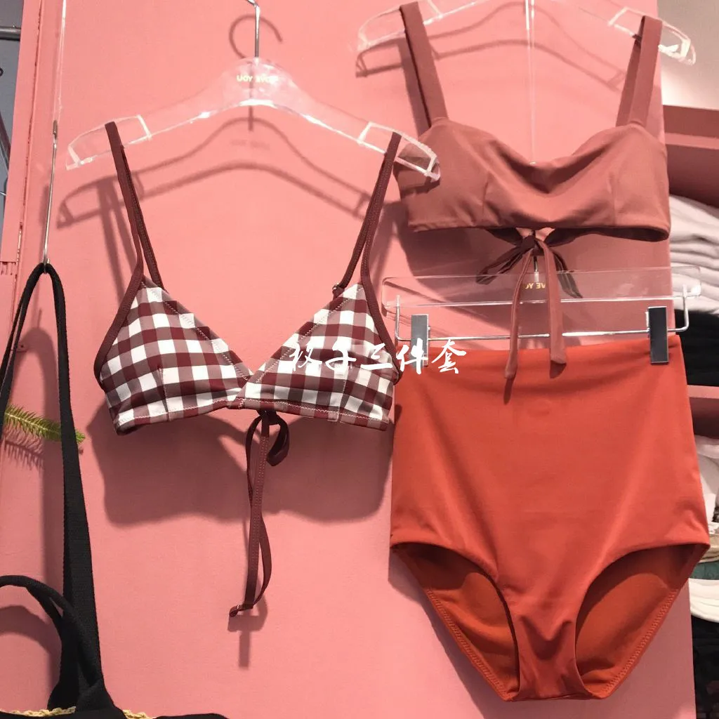 

2017 Korean-style New Style Retro Plaid Two-piece Swimsuits High-waisted Three-piece Set Bikini
