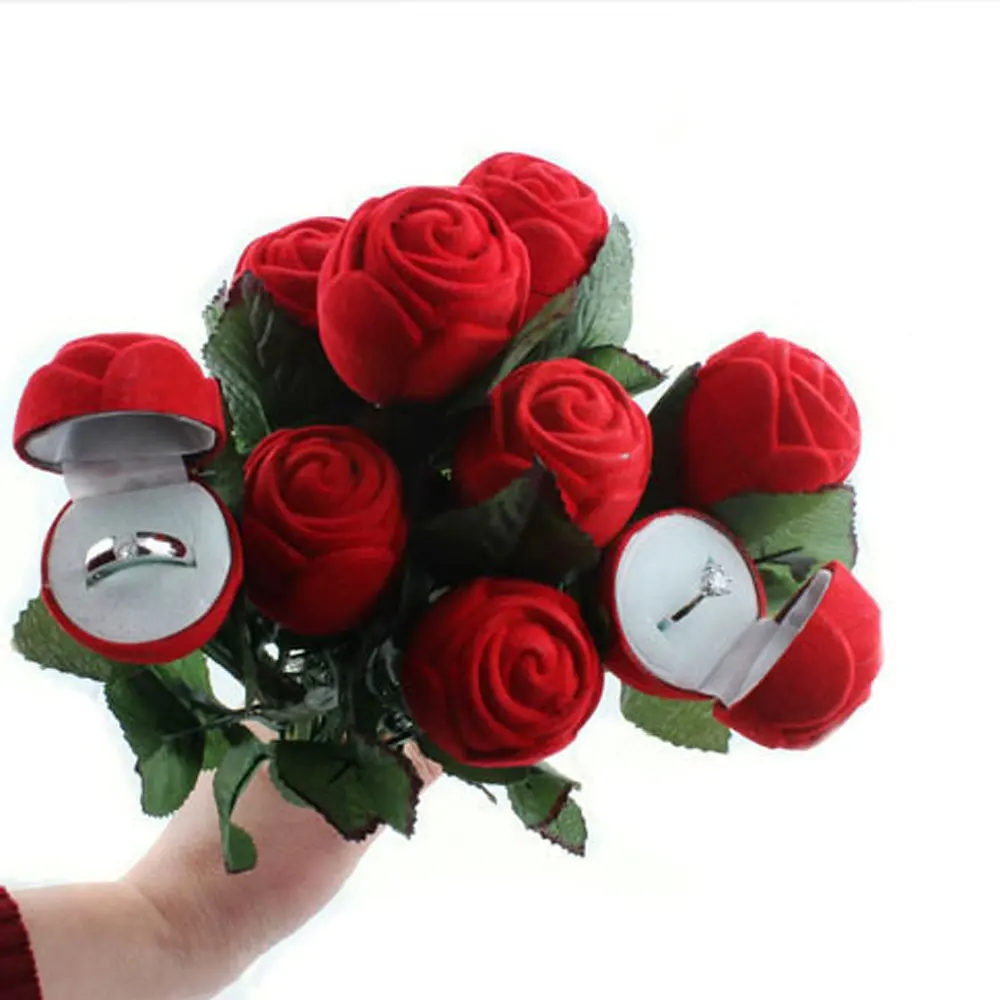 

1 Pc Display Case Wedding Engagement Valentine Romantic Rose Flower with Rod Ring Box Velvet Creative Gift Box Jewelry Packaging