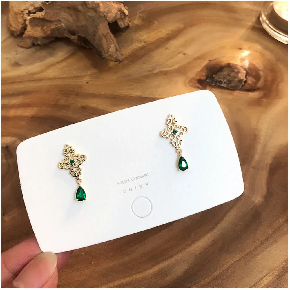 Корейский крест винтажный узор Металлический Зеленый дом циркон серьги гипоаллергенно серьги женские сережки ювелирные изделия