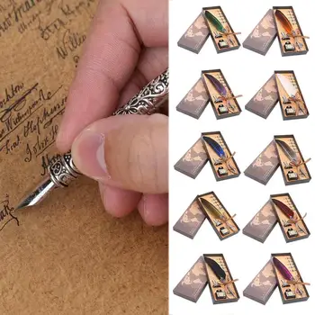 

Luxury Pen Set Colorful Retro Feather Pen Classic Calligraphy Ink Pen Immersion Gift Set Student Box Pen Writing K9D8