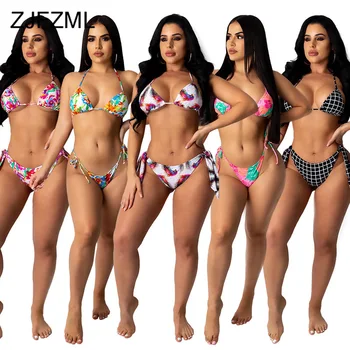 

Floral Plaid Splicing Two Piece Set Tracksuit Women Clothing Halter Backless Bra Top And Panties Summer Birthday Club Sweatsuit