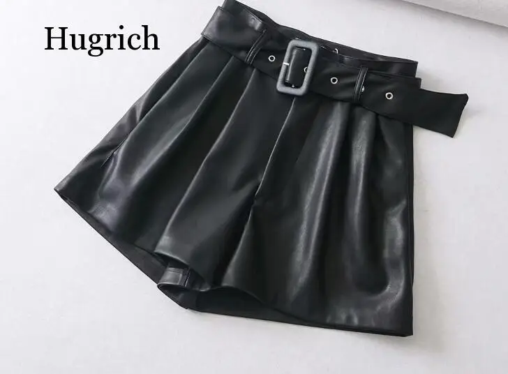 Women Black Orange Color Pu Leather High Waist with Belt Wide Leg Faux Leather Shorts Winter Loose Pu Shorts