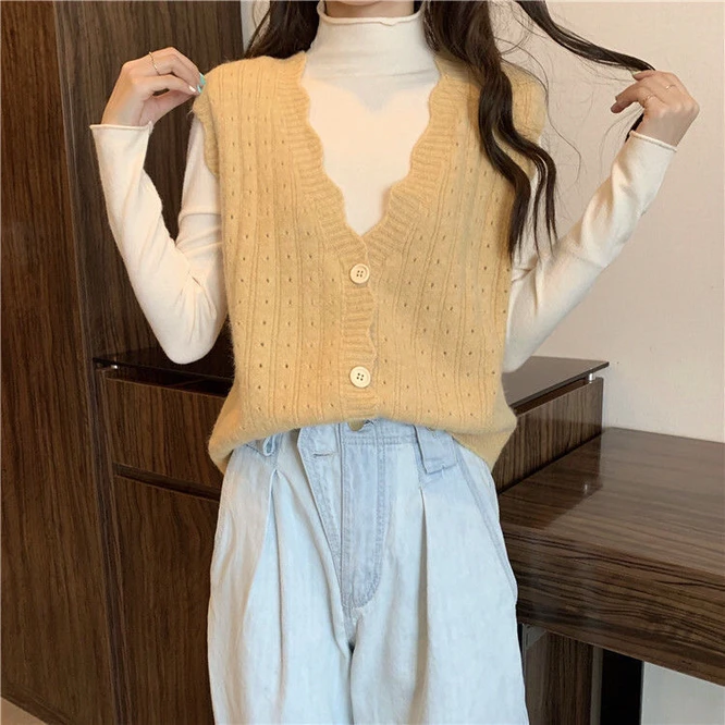 

Yellow New Autumn Women Knitted Top Loose coat Simple Short Cloth Fashion Korean lady Girls Waistcoat Sleeveless Sweater Vest