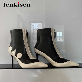 

Lenkisen fashion boots real leather mixed colors classics pointed toe thin high heel zipper beauty lady gorgeous ankle boots L25