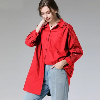 

Solid Women's Clothing Spring Autumn Plus Size Shirt Tops Lace Patchwork Sleeve Solid Women Blouse Casual Outerwear TA7629