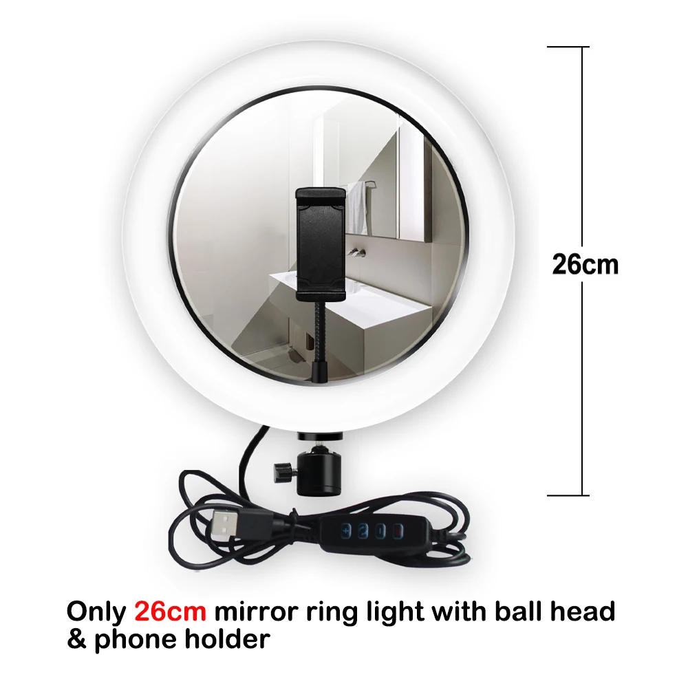 only 26cm ring light 10 дюймов 26 см светодиодная кольцевая лампа для селфи,фотосъемки, Yutube Live Video с штативом трипод, телефонным держателем и зеркалом - Цвет: only 26cm ring light