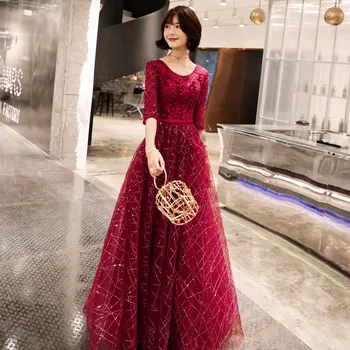 

Burgundy Chinese Sexy Sequins Oriental Party Female Cheongsam Stage Show Qipao Dress Elegant Celebrity Banquet Dresses De Festa